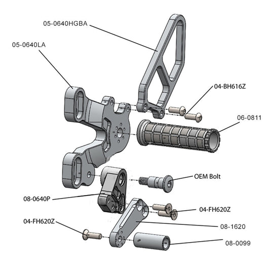 WOODCRAFT DUCATI 848/1098/1198/848 EVO COMPLETE REARSET - CLEAR WITH FOLDING TOE PIECES. SKU: 05-0640BAX