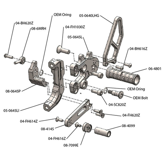 WOODCRAFT DUCATI PANIGALE 899/959/1199/1299 STD SHIFT COMPLETE REARSET WITH FOLDING TOE PIECES. SKU: 05-0647BX